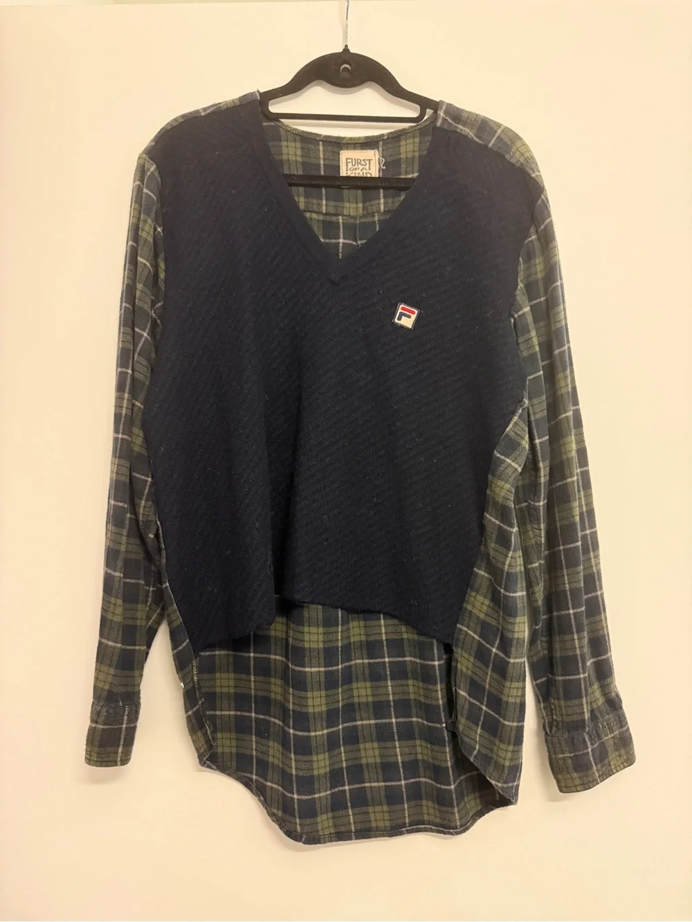 Furst of a Kind Navy Pullover Layered Sweater with Green Plaid Shirt
